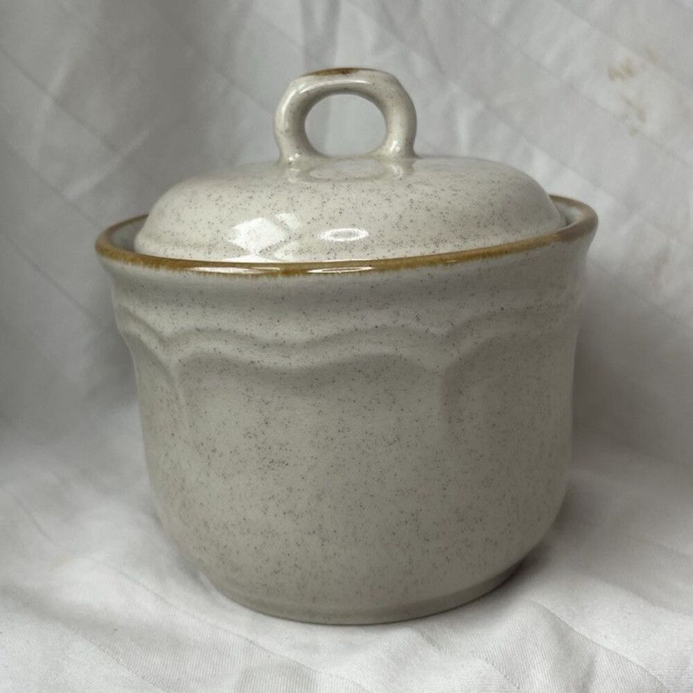 Speckled Beige Stoneware Sugar Bowl w/ Lid, Country Style, Glossy, Japan